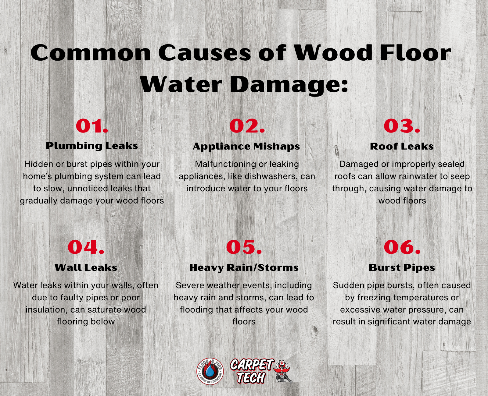 infographic detailing common causes of wood floor water damage