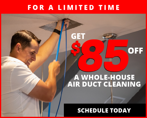 For a limited time, get $85 off a whole-house air duct cleaning. Schedule today. Graphic with a smiling technician inspecting an air duct.