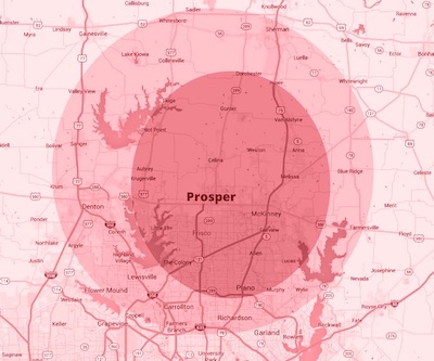 Prosper Texas service area on map