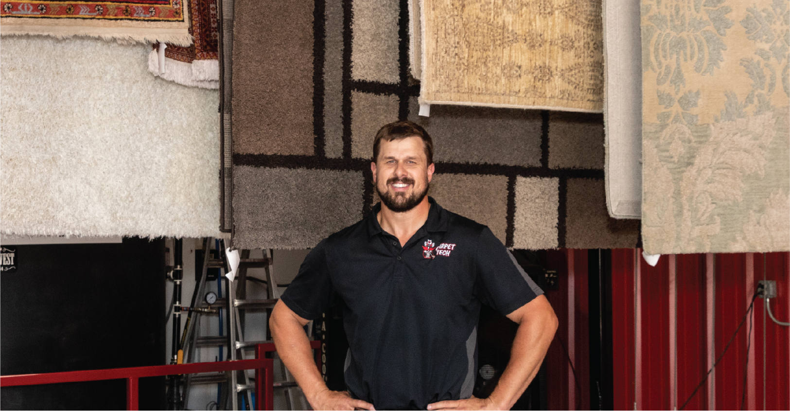 technician in front of rugs