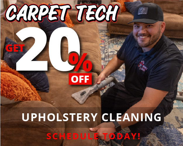 Graphic with Smiling technician cleaning Upholstery. Carpet Tech get 20% Off Upholstery Cleaning. Schedule Today!
