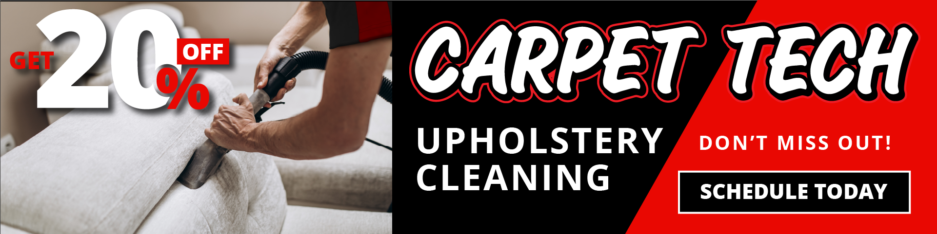 Technician cleaning a couch. Get 20% Off Carpet Tech Upholstery Cleaning. Don't Miss out! Schedule Today
