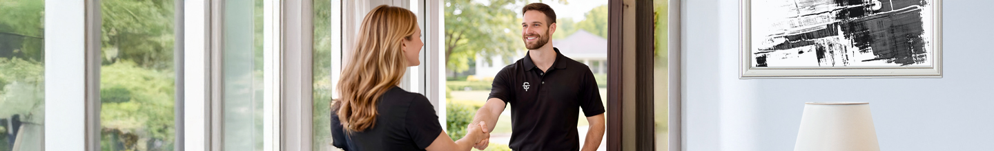 Carpet Tech technician greeting a homeowner at her front door.